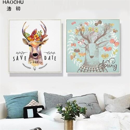 HAOCHU Nordic Colorful Elk flowers Canvas Wall Paintings Home study bedroom kids room School Cafe Bar Decor