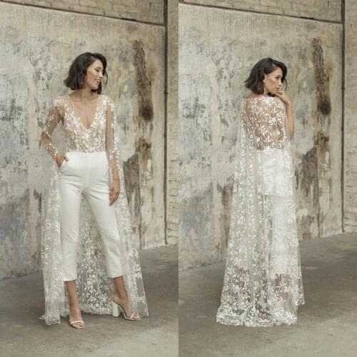 Lace Wedding Dresses Jumpsuit with Long Cape Jacket 2021 Sexy Stain V-neck Beach Garden Bridal Outfit Wedding Dress Pant Suit