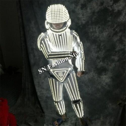 LZ38 LED light costumes ballroom dance robot men suit led white helmet led armor dj dance singer stage wears led cloth show bar