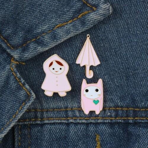 Cute Pink Brooches Cartoon Raincoat Girl Umbrella Love Kitty Enamel Lapel Pins Backpack Metal Badge Jewelry Gifts for Girls Kids