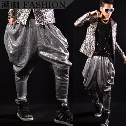 Male Bright Sequins Harem Long Pants Baggy Pants Singer Dancer Jazz Hip Hop Rock Dance Stage Performance Costume NightclubXS2630