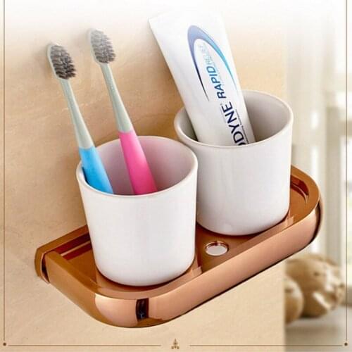 Cup & Tumbler Holders Wall Mounted Ceramic Cup Bathroom Accessories Rose Gold Double Tumbler Holders Toothbrush Cup Holder KD704