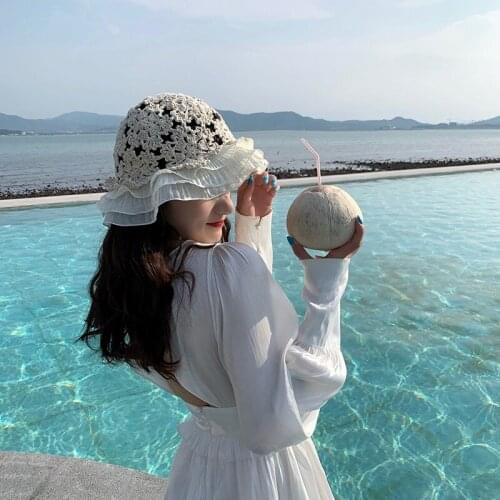 Korean Style Fresh Sun Protection Hollow Cap New Handmade Knitted Hat Fashionable All-Match Breathable Bucket Hat Children