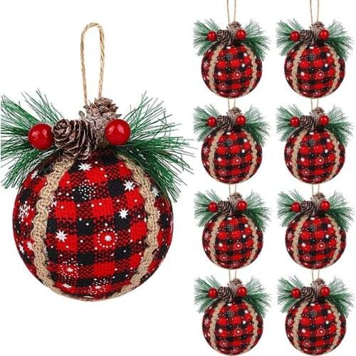 New 9PCS Christmas Plaid Ball Ornaments - 3 Inch Red Buffalo Plaid Fabric Ball Christmas Tree Hanging Ball Ornaments