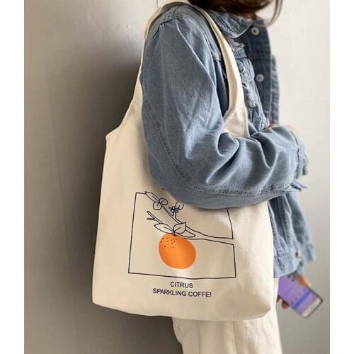 Women Lady Orange Peach Canvas Shoulder Tote Bag Large Cotton Cloth Shopping Bags Handbag Foldable Reusable Beach Shopper Bag