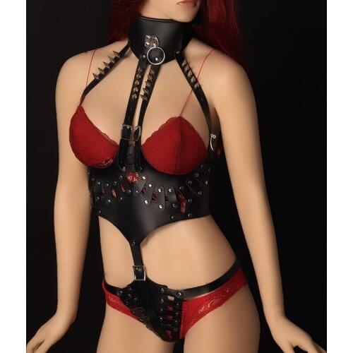 Punk SM Bondage Open Breast Bra,Lock Down Leather Waist Cincher Corset with Spiked Collar,Female Underwear Chastity Belt Sex Toy