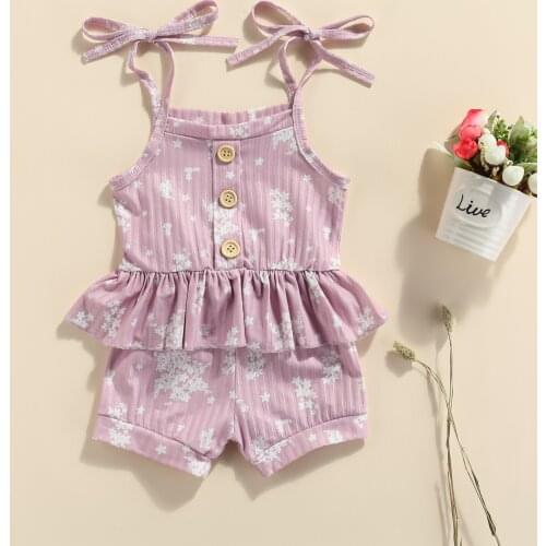Toddler Baby Ruffles Home Wear Casual 2pcs Outfit Infant Girls Floral Tied Spaghetti Strap Tank Tops + Elastic Waist Shorts