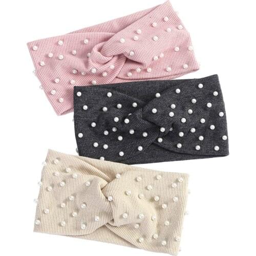 Kajeer Womens Headbands Pearls Head Bands Knitted Turban Bandana Autumn Winter Elastic Hairband Warm Hair Accessories Headdress