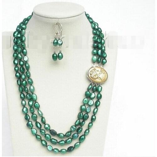 Prett Lovely Womens Wedding fast shipping>> 3row 12mm baroque green pearls necklace dangle Earrings set j8548