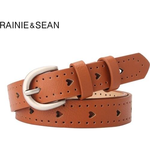 RAINIE SEAN Thin Women Belt Hollow Out Heart Leather Belts for Ladies Casual Camel Black White Red Pin Buckle Female Jeans Belt