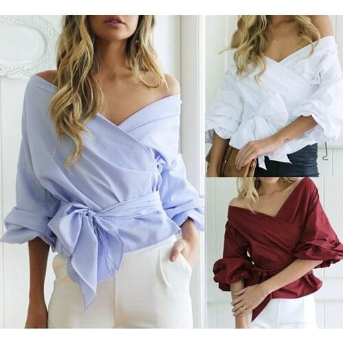 Summer 2019 New Sexy Open shoulder V-collar Cross-tie shirt, Womens Wear New Fashion