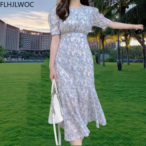 Chic Korean Clothes Design Fashion Womens O Neck Elegant Lady Floral Printed Retro Vintage Flower Long Max Dress