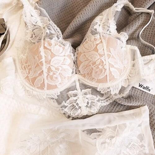Sexy see-through lace upper thin lower thick gather lingerie sets breast-receiving underwear set soft steel ring bra panties