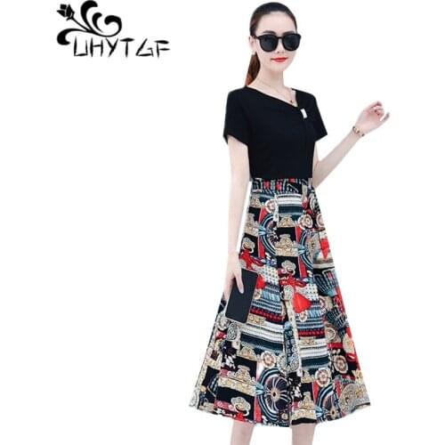 UHYTGF Summer dresses women fashion fake two-piece floral elegant dress short sleeve splicing pullover chiffon bandage dress 939