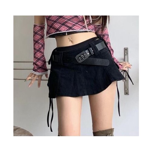 Japanese Harajuku Original Harajuku Low Waist Mini Pant Skirt Solid Black Punk Skull Waistband Denim Culotte Plus size