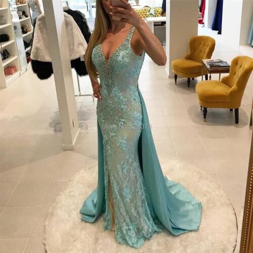 YNQNFS ED24 Aqua/Nude Two Colors Sheat Skirt Slit Sheath Fishtail Sleeveless Lace Evening Dress