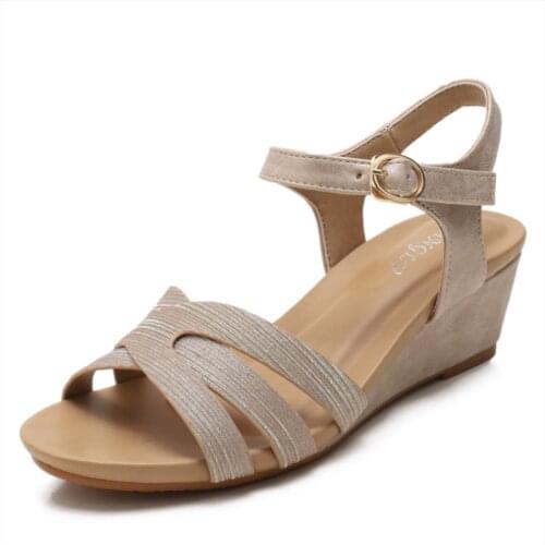 New Summer Women Slope Heel Sandals Fashion Womens Buckle Belt Medium Thick Heels All-match Casual Shoes