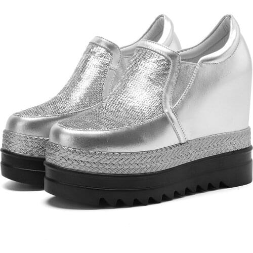 12cm High Heel Creepers Women Genuine Leather Wedges Ankle Boots Female Shiny Glitter Platform Fashion Sneakers Casual Shoes
