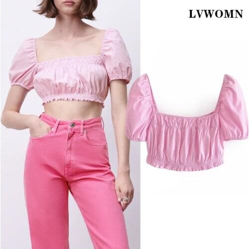 LVWOMN Summer Women Blouses Za 2021 Elegant Pink Stripes Short Sleeve Crop Top Women Clothing Elastic Hem Blusas Chic Tops