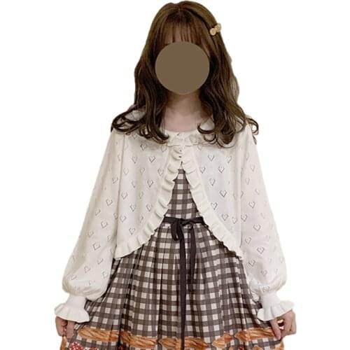 Cute Hollow Heart Girls Cardigan Women Kawaii White Short Knitted Sweater Korean Pearl Button Aesthetic Long Sleeve Crop Tops