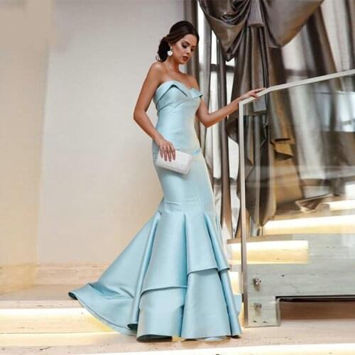 Sky Blue Sweetheart Mermaid Evening Dress 2019 Sleeveless Tiered Skirt Saudi Arabic Formal Evening Party Dresses robe de soiree