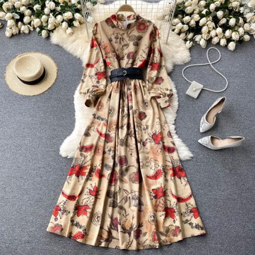 Autumn Women Vintage Stand Collar Full Sleeve High Waist PU Belted A Line Maxi Vestidos Runway Fashion Flower Print Dress