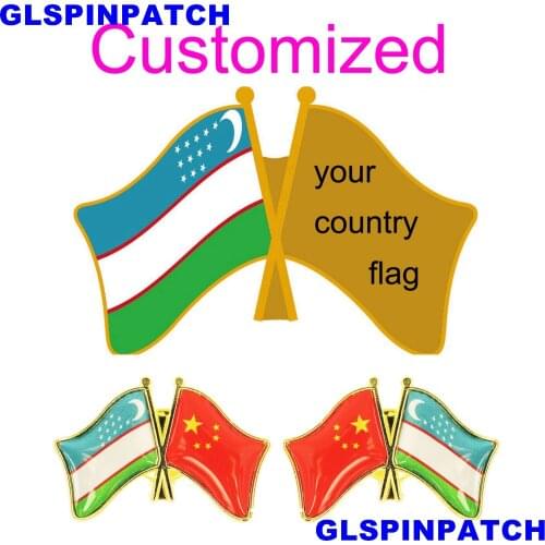 Uzbekistan Crossed Friendship Flag Double Country lapel pin Brooch USA UK France Chile Russia Saudi Arabia Japan Spain Badge