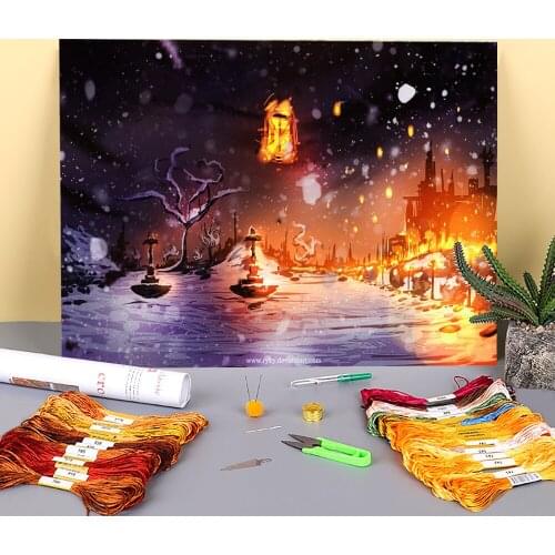 Scenery Night Time Printed 11CT Cross Stitch Set Embroidery DMC Threads Handiwork Knitting Handicraft Painting Counted Sales