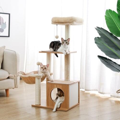 Wood Cat Tree Multilevel Cat Towel with Sisal Scratching Posts Modern Rest House Condo Spacious Hammock Cozy Top Perch and Ball
