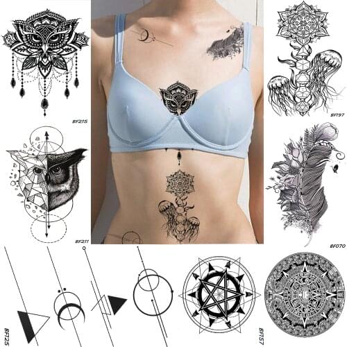 Henna Geometric Owl Fake Jewelry Temporary Tattoo Jellyfish Flower Waterproof Black Tatoos DIY Body Art Women Tattoo Stickers