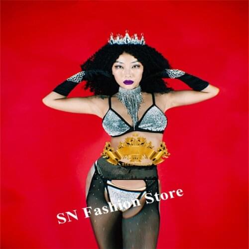 K47 Sexy singer stage show wears bra bikini female Rhinestone bodysuit catwalk performance dress jumpsuit bar outfit party disco