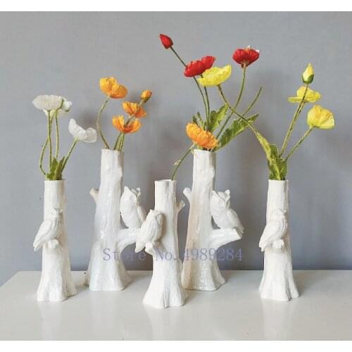 Creativity Ceramics Vase White Simulation Animal Tree Branch Owl Bird Modern Home Decoration Flower Arrangement Accessories