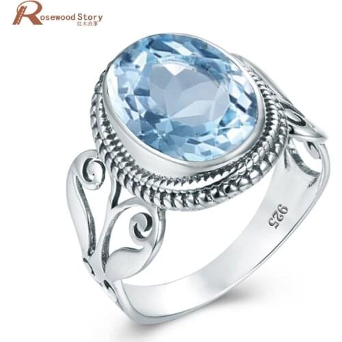 Redwood Aquamarine Rings Sterling Silver Oval Carve Finger Ring For Women Gemstone Mariage Vintage Ring Branded Fine Jewelry