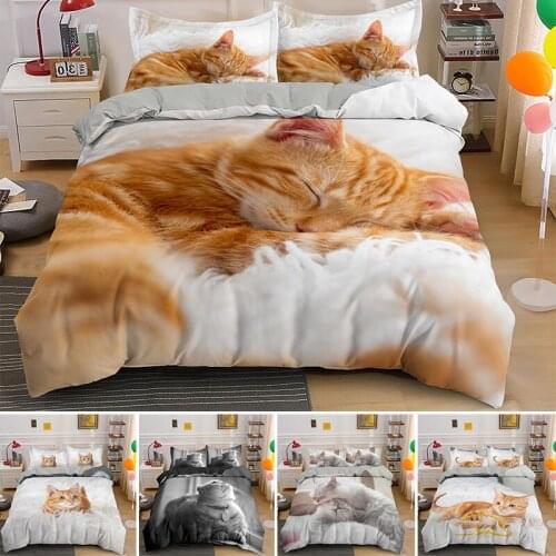 Lovely Pet Sleeping Cat White Bedding Set Animal Printed Covers Single Double King Queen Size Duvet Cover Sets Linen Bedclothes