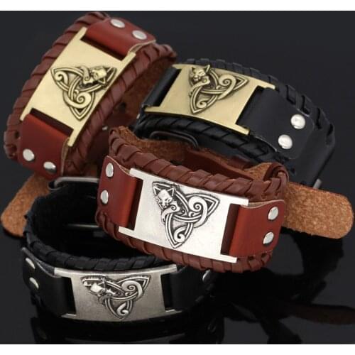 Cat pendant leather amulet fox bracelet -adjustable size 19-26 cm