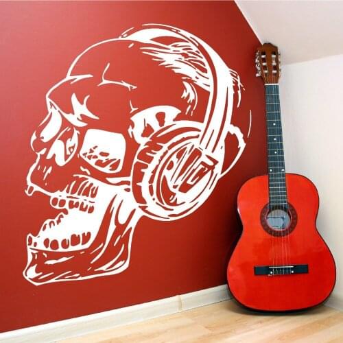 Cool Design Skull With Headphone Music Series Wall Sticker Vinyl Home Living Room Art Design Wall Mural Removable WallpaperY-849