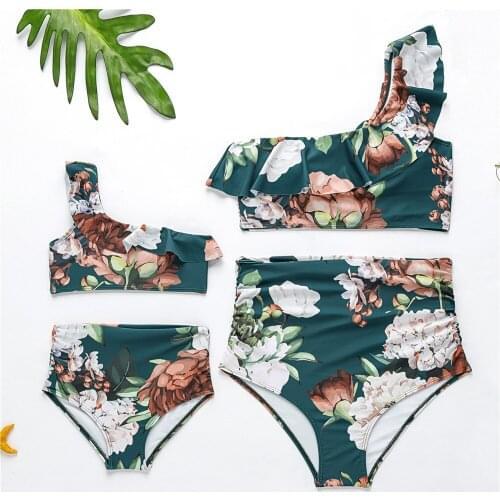 Leaf swimsuits mother daughter swimwear beach mommy and me clothes family look high waist bikini mom mum and baby matching dress