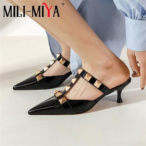 MILI-MIYA Fashion Pointed Toe Women Genuine Leather Mules Slip On Solid Color Rivet Thin Heels Dress Summer Shoes Handmade