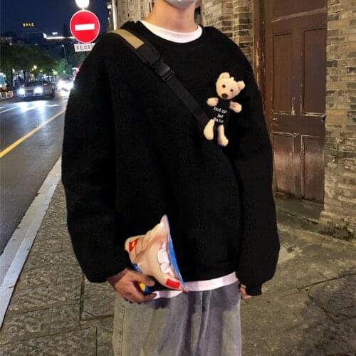 Fashion Lamb Wool Bear Sweatshirt Man New Black Loose Casual Pullover 2021 Spring Autumn Warm Plus Size Sweatshirt Cartoon Sytle