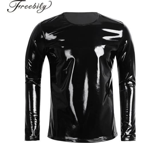 Mens Patent Leather Zipper T-shirt Nightclub Performance Show Gothic Punk Style Metallic Shiny Hip Hop Pullover T-Shirt Tops