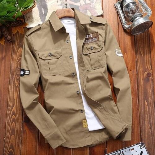 Mens Shirts Cotton Military Shirt Khaki Casual Slim Fit with Pocket Long Sleeve Vintage Jacket Streetwear Drop Shipping