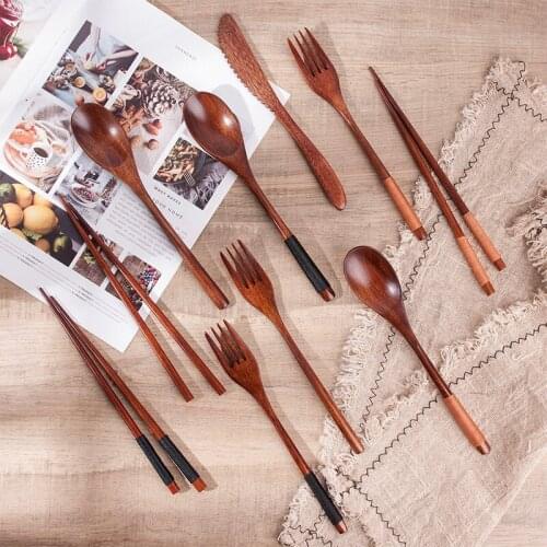 Natural Wooden Spoon Fork Chopsticks Tableware Kit Rice Soup Family Cutlery Kitchen Utensils Dinner Set Dish Set Dinnerware