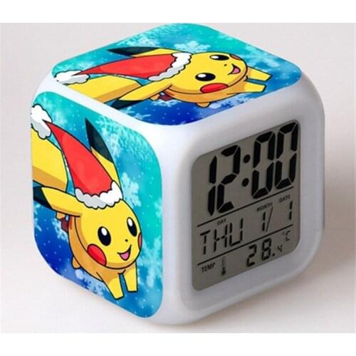 Pikachu Pokemon Anime Character Luminous LED Colorful Flash Alarm CLock Desk Light with Temperature Action Toy for Children