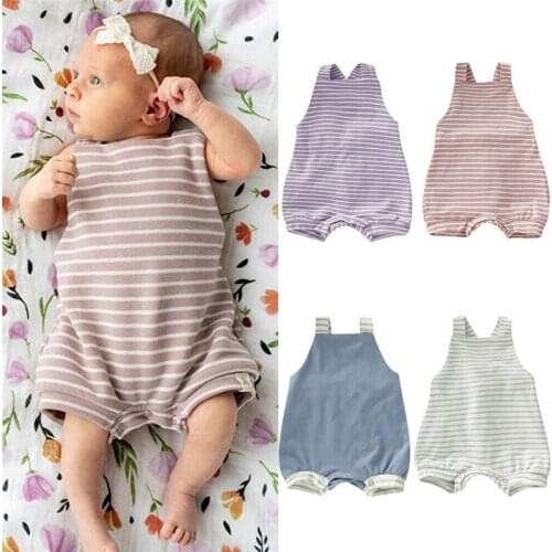 Casual Newborn Baby Girl Boy Striped Romper Summer Unisex Baby Cotton Clothes Sleeveless Strappy Backless Playsuit for Baby 0-3Y