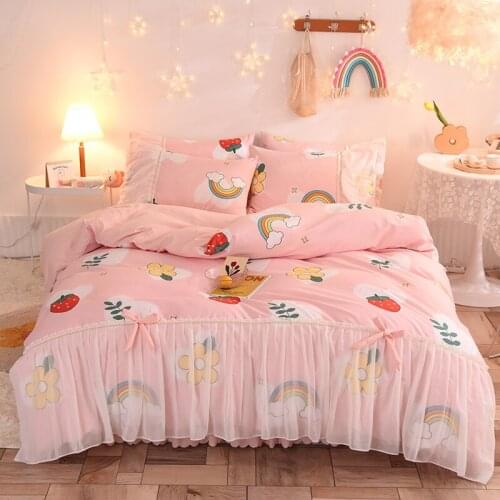 Pink strawberry love micro-velvet soft warmth beautiful chiffon style home textile quilt cover four-piece/three-piece suit