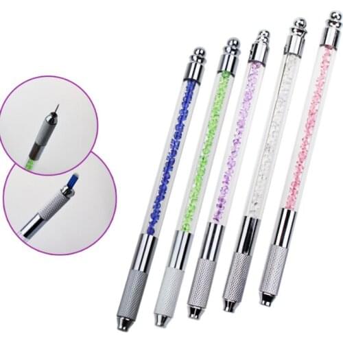 Crystal Acrylic Tattoo Manual Pen Microblading Permanent Makeup Pen for 3D Eyebrow Suit for Flex/Round Needle Pink Purple Blue