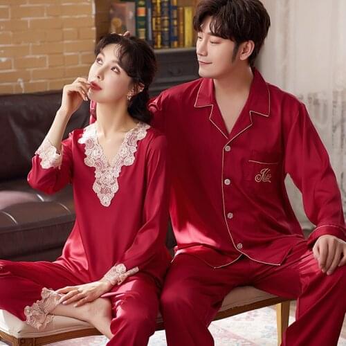Sexy Lace Trim Couple Long Sleeve Top Pants Sleepwear Summer Silk Nightwear Women Men Pajamas Set Homewear