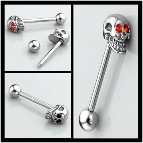 Red Blue Black Green Colored Gems Stainless Steel Skull Shape Tongue Ring Ear Stud Navel Screw Earring Skeleton Piercing Jewelry