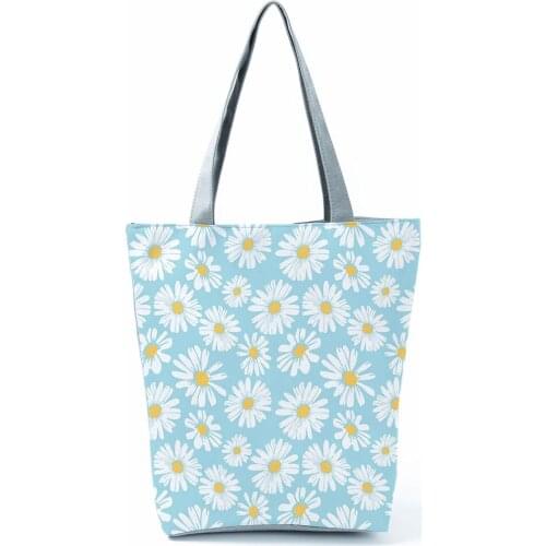 Floral Daisy Printed Handbags Fashion High Capacity Women Shoulder Bag Blue Eco Reusable Shopping Bag Foldable Travel Beach Bag