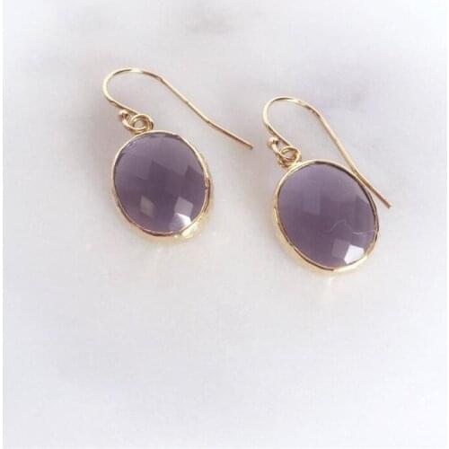 IRIS EARRINGS | Purple Framed Oval Jewel Pendant, Gold Filled Earwire, Dainty Dangle Earrings